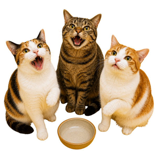 空の器の前でごはんを催促する三匹の猫