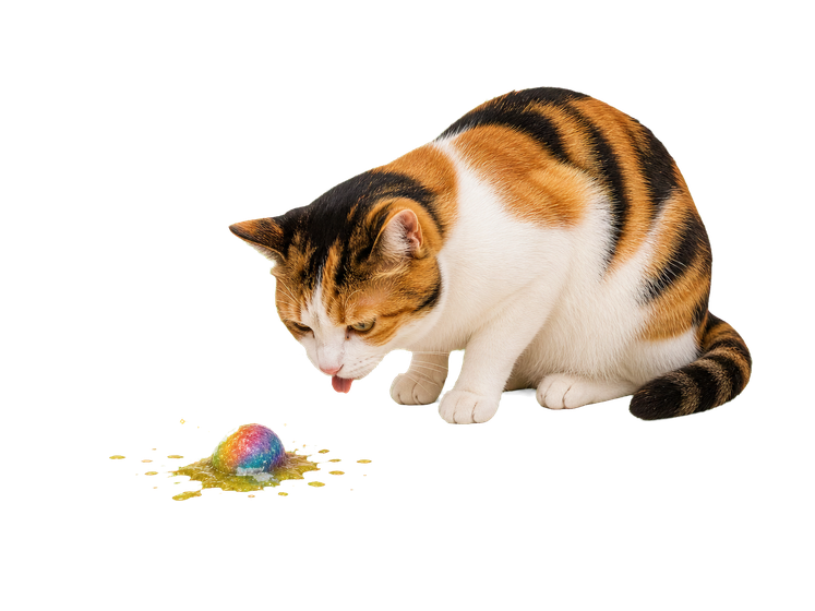 毛玉を吐いた三毛猫と床の汚れ